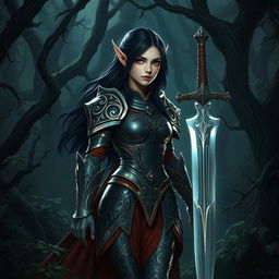 A striking dark-haired elven girl clad in shiny, intricate armor that gleams in the dim light of a dark forest