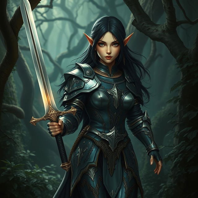 A striking dark-haired elven girl clad in shiny, intricate armor that gleams in the dim light of a dark forest