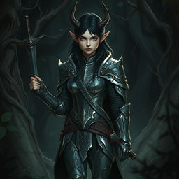 A striking dark-haired elven girl clad in shiny, intricate armor that gleams in the dim light of a dark forest