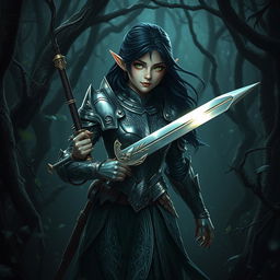 A striking dark-haired elven girl clad in shiny, intricate armor that gleams in the dim light of a dark forest