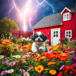 A captivating book cover design featuring a vibrant summer garden scene with a playful white and black Havanese puppy joyfully frolicking among colorful flowers