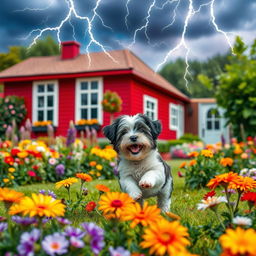 A captivating book cover design featuring a vibrant summer garden scene with a playful white and black Havanese puppy joyfully frolicking among colorful flowers