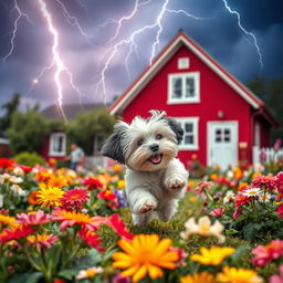 A captivating book cover design featuring a vibrant summer garden scene with a playful white and black Havanese puppy joyfully frolicking among colorful flowers