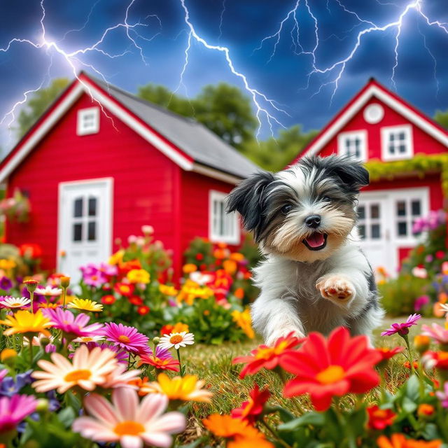 A captivating book cover design featuring a vibrant summer garden scene with a playful white and black Havanese puppy joyfully frolicking among colorful flowers