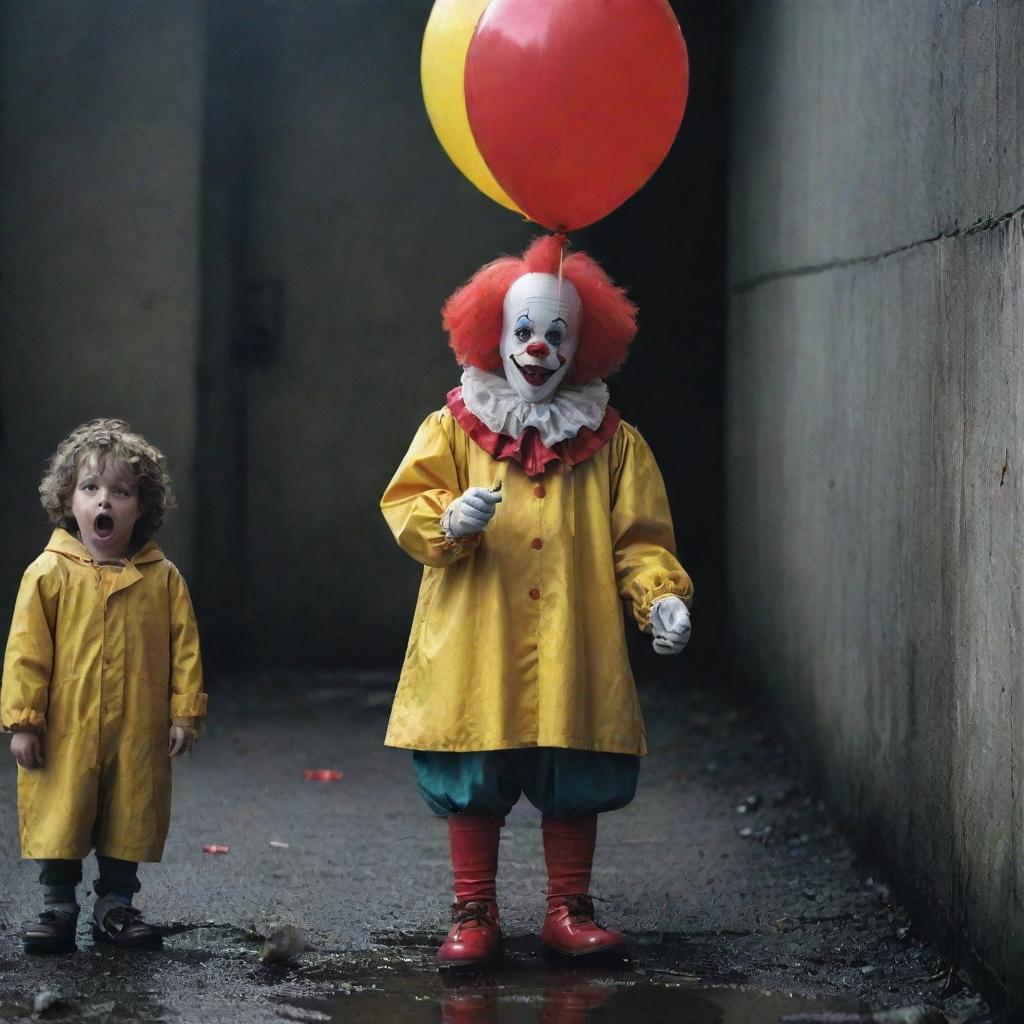 A frightful scene featuring a horror clown holding a red balloon next to a sewage vent, and a terrified little boy in a yellow raincoat standing behind him, visibly petrified.