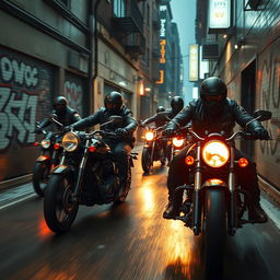 A dynamic and intense scene showcasing motorcycle crime, featuring a group of masked bikers on powerful motorbikes speeding through a dark urban alleyway