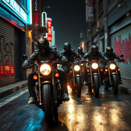 A dynamic and intense scene showcasing motorcycle crime, featuring a group of masked bikers on powerful motorbikes speeding through a dark urban alleyway