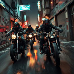 A dynamic and intense scene showcasing motorcycle crime, featuring a group of masked bikers on powerful motorbikes speeding through a dark urban alleyway