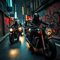 A dynamic and intense scene showcasing motorcycle crime, featuring a group of masked bikers on powerful motorbikes speeding through a dark urban alleyway
