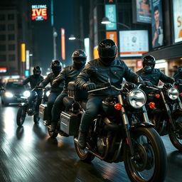 A group of four skilled thieves on motorcycles, wearing dark helmets and leather jackets, riding through a bustling city street at night