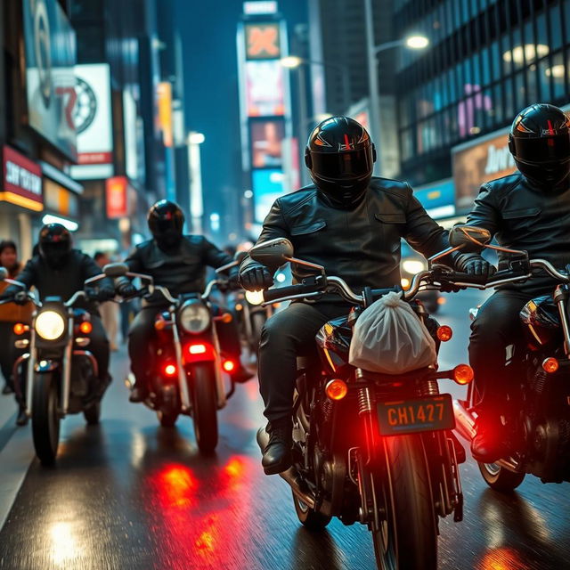 A group of four skilled thieves on motorcycles, wearing dark helmets and leather jackets, riding through a bustling city street at night