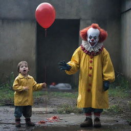 A frightful scene featuring a horror clown holding a red balloon next to a sewage vent, and a terrified little boy in a yellow raincoat standing behind him, visibly petrified.