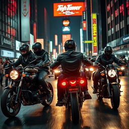 A group of four skilled thieves on motorcycles, wearing dark helmets and leather jackets, riding through a bustling city street at night