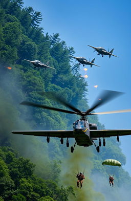 A dramatic scene depicting Rhodesian vampire jets flying low over a dense forest area, with vibrant greenery and tall trees in the background