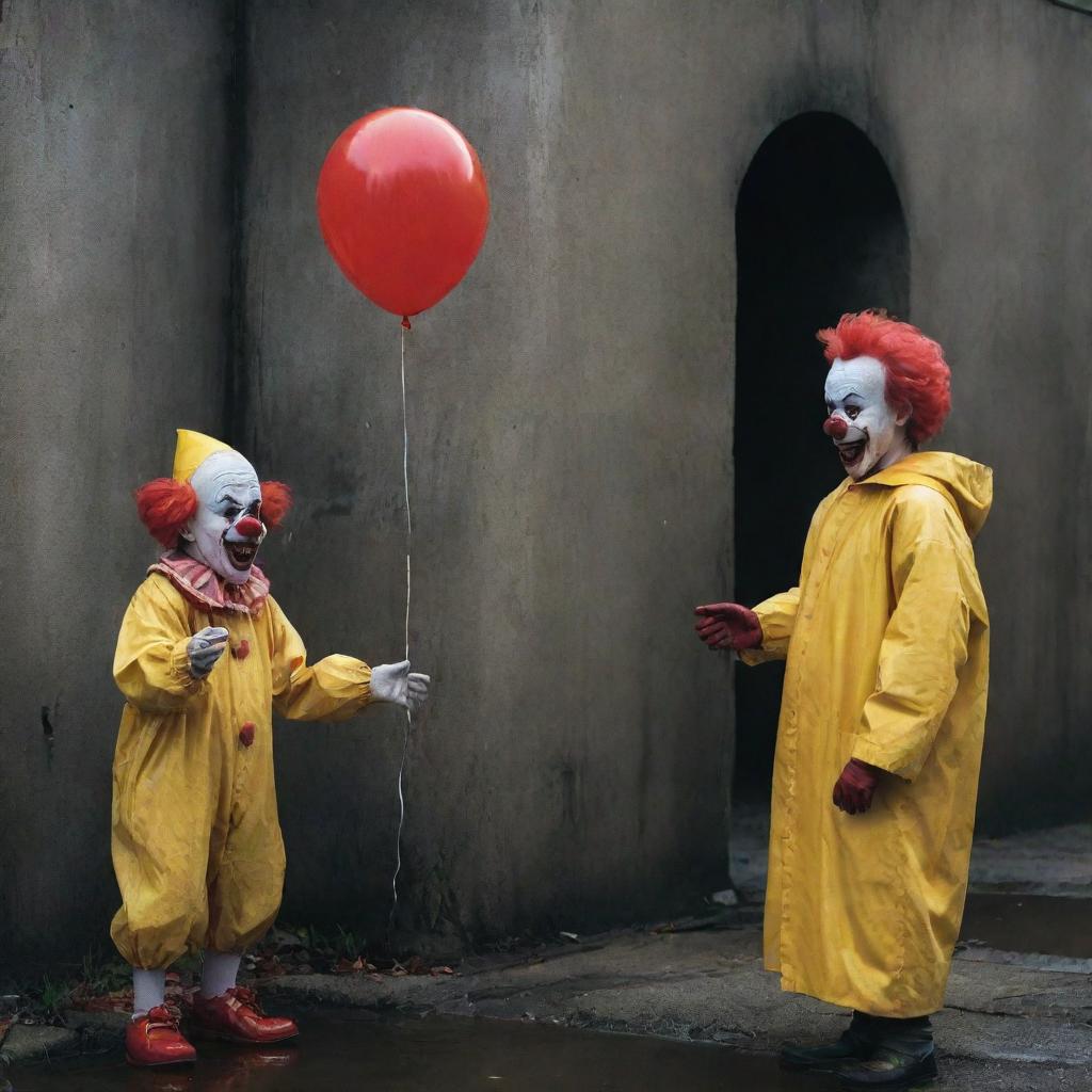 A frightful scene featuring a horror clown holding a red balloon next to a sewage vent, and a terrified little boy in a yellow raincoat standing behind him, visibly petrified.