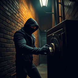 A dynamic scene featuring a skilled thief, dressed in dark, stealthy clothing, stealthily navigating through a dimly lit urban environment