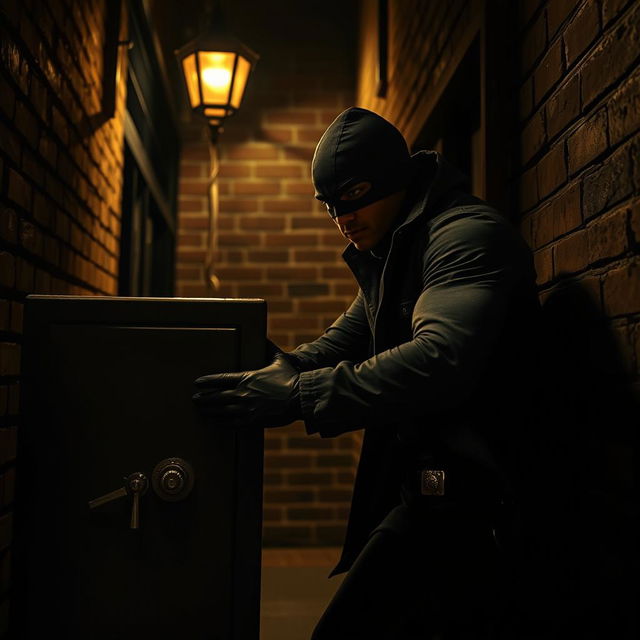 A dynamic scene featuring a skilled thief, dressed in dark, stealthy clothing, stealthily navigating through a dimly lit urban environment