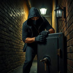 A dynamic scene featuring a skilled thief, dressed in dark, stealthy clothing, stealthily navigating through a dimly lit urban environment