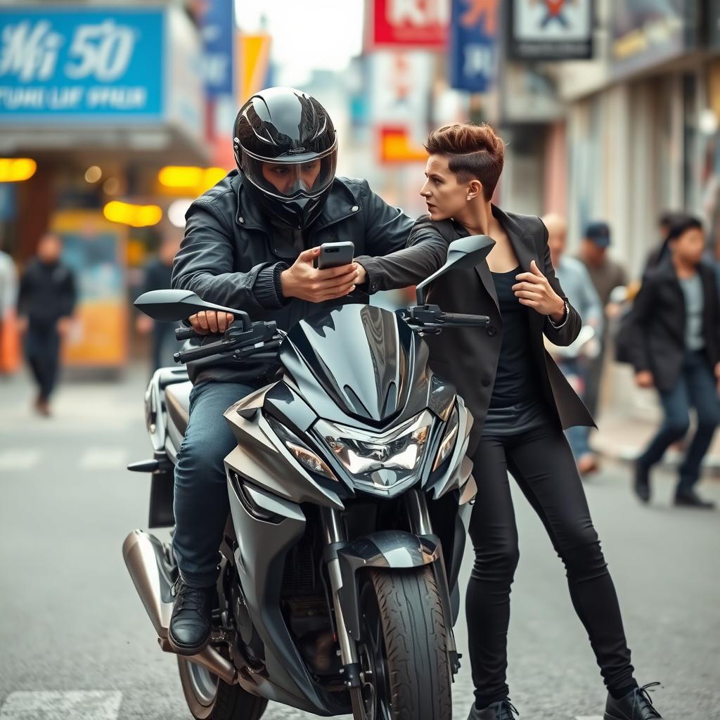 A tense scene depicting a motorized thief stealing a mobile phone from an unsuspecting victim in an urban setting