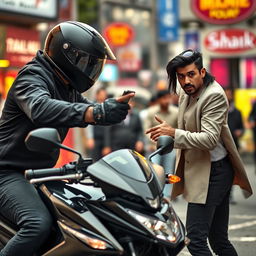 A tense scene depicting a motorized thief stealing a mobile phone from an unsuspecting victim in an urban setting