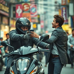 A tense scene depicting a motorized thief stealing a mobile phone from an unsuspecting victim in an urban setting