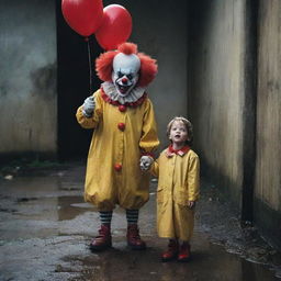 A frightful scene featuring a horror clown holding a red balloon next to a sewage vent, and a terrified little boy in a yellow raincoat standing behind him, visibly petrified.