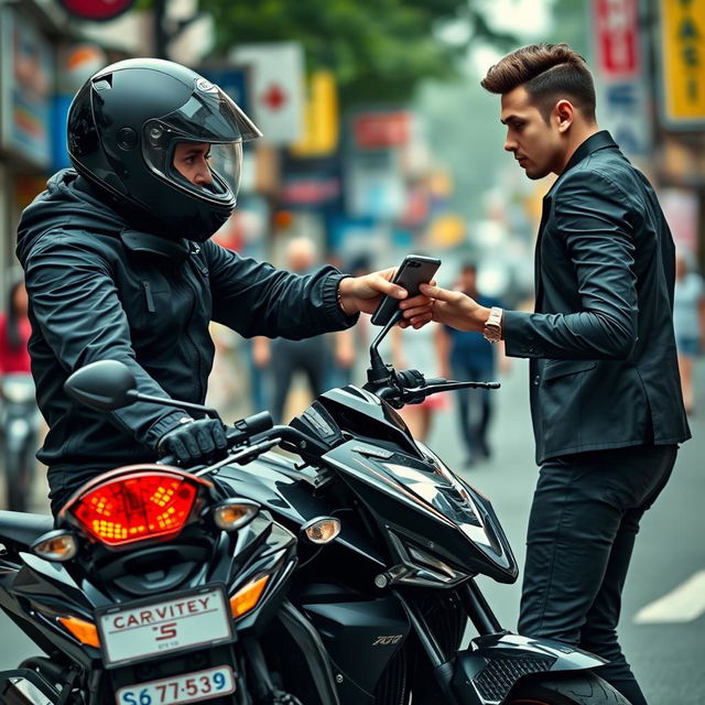 A tense scene depicting a motorized thief stealing a mobile phone from an unsuspecting victim in an urban setting