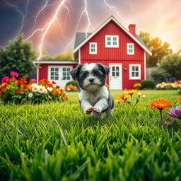 A stunning book cover design depicting a lively summer garden scene with lush green grass and a playful white and black Havanese puppy frolicking amidst vibrant flowers