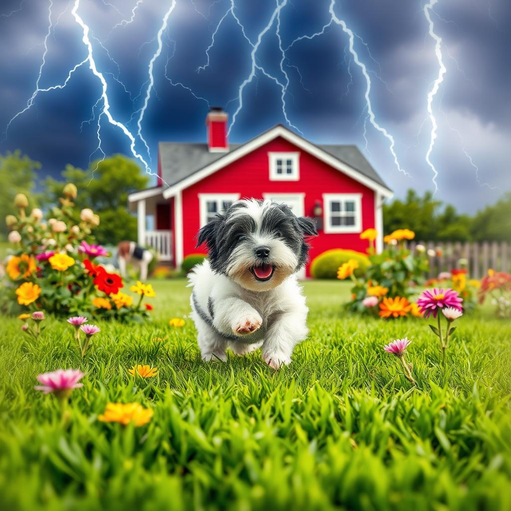 A stunning book cover design depicting a lively summer garden scene with lush green grass and a playful white and black Havanese puppy frolicking amidst vibrant flowers