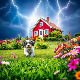 A stunning book cover design depicting a lively summer garden scene with lush green grass and a playful white and black Havanese puppy frolicking amidst vibrant flowers