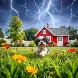 A stunning book cover design depicting a lively summer garden scene with lush green grass and a playful white and black Havanese puppy frolicking amidst vibrant flowers