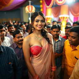 A beautiful Indian bride wearing a stunning transparent saree and a strapless dress, showcasing her big cleavage and sexy naval