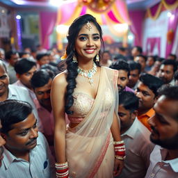 A beautiful Indian bride wearing a stunning transparent saree and a strapless dress, showcasing her big cleavage and sexy naval