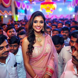 A beautiful Indian bride wearing a stunning transparent saree and a strapless dress, showcasing her big cleavage and sexy naval