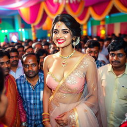 A beautiful Indian bride wearing a stunning transparent saree and a strapless dress, showcasing her big cleavage and sexy naval