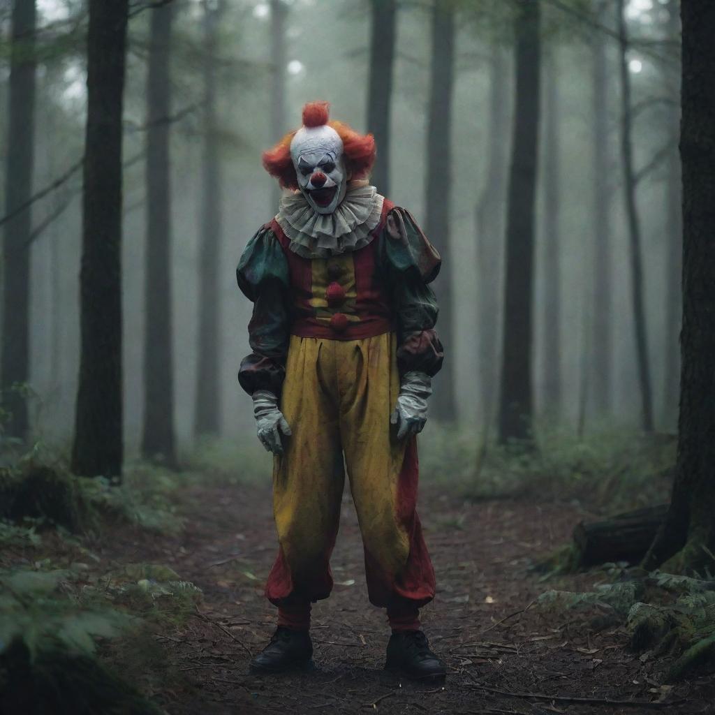 A chilling scene featuring a fearsome clown standing in the middle of an eerily dark and dense forest, creating an atmosphere of suspense and terror.