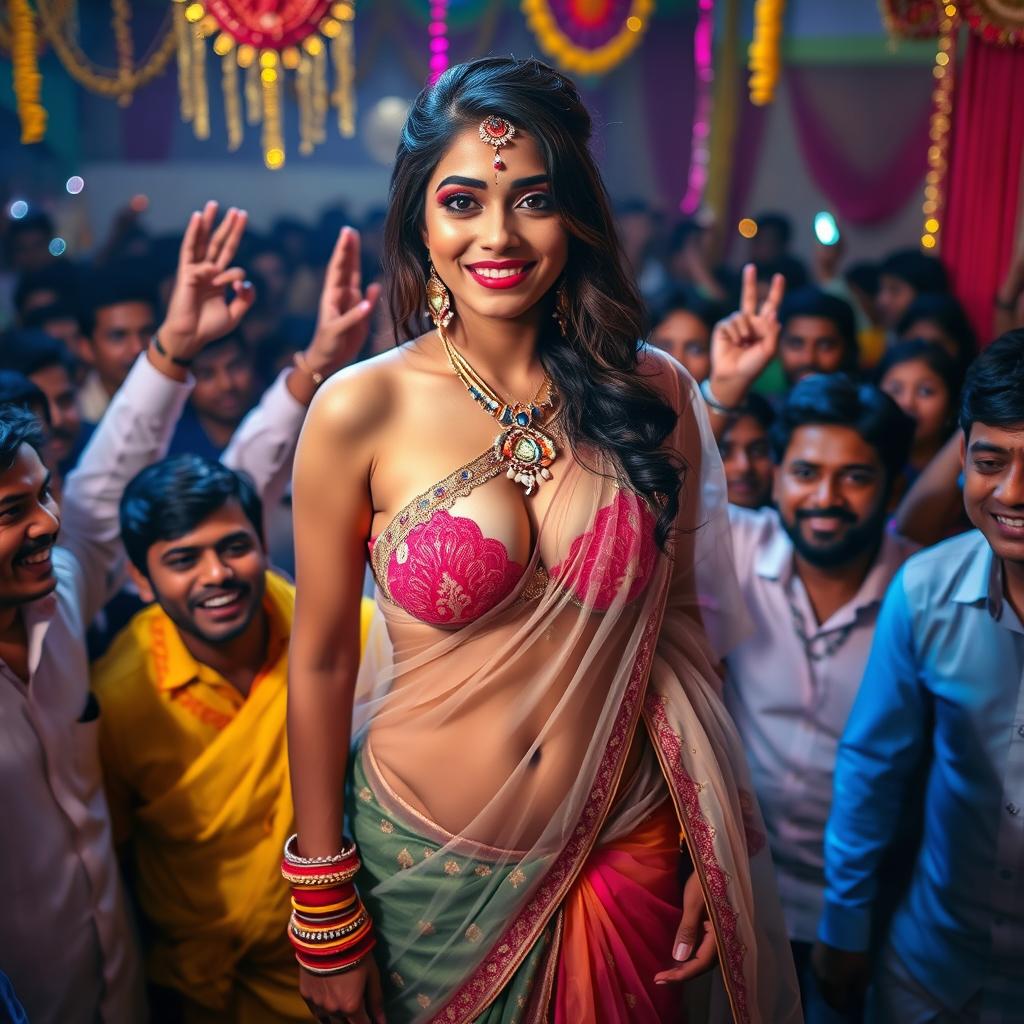 A captivating Indian bride wearing a transparent saree over a strapless bikini, showcasing her big cleavage and sexy navel