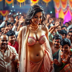 A captivating Indian bride wearing a transparent saree over a strapless bikini, showcasing her big cleavage and sexy navel