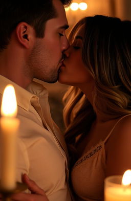 A sensual close-up scene of a man and woman passionately kissing