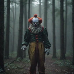 A chilling scene featuring a fearsome clown standing in the middle of an eerily dark and dense forest, creating an atmosphere of suspense and terror.