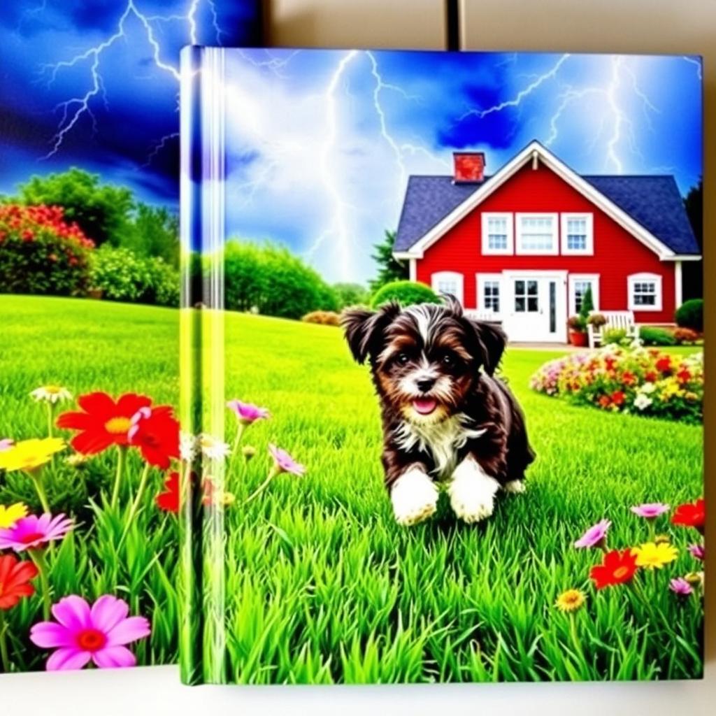 A vibrant book cover featuring a picturesque summer garden with lush green grass, illuminated by dramatic lightning in the sky