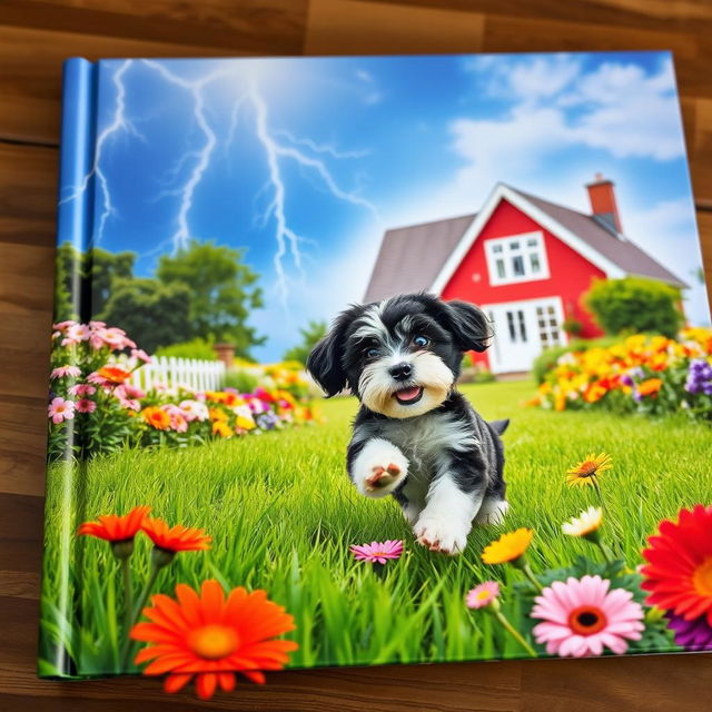 A vibrant book cover featuring a picturesque summer garden with lush green grass, illuminated by dramatic lightning in the sky