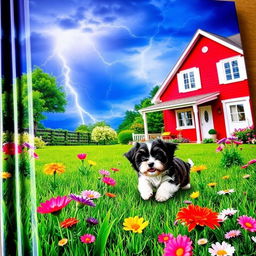 A vibrant book cover featuring a picturesque summer garden with lush green grass, illuminated by dramatic lightning in the sky