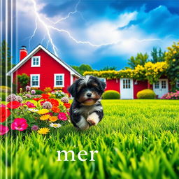 A vibrant book cover featuring a picturesque summer garden with lush green grass, illuminated by dramatic lightning in the sky