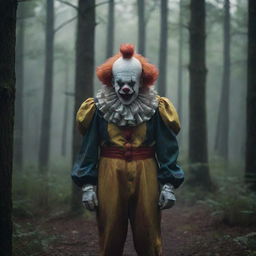 A chilling scene featuring a fearsome clown standing in the middle of an eerily dark and dense forest, creating an atmosphere of suspense and terror.