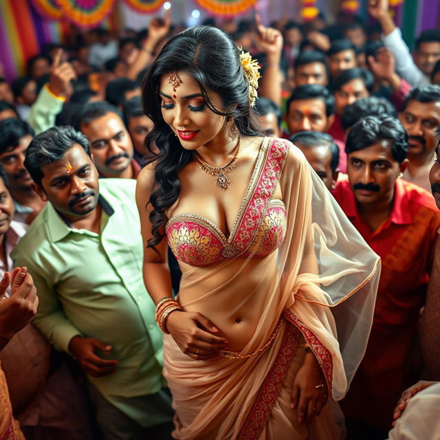 A sensual Indian bride dressed in a transparent saree showcasing a colorful strapless bikini underneath, accentuating her big cleavage and sexy navel