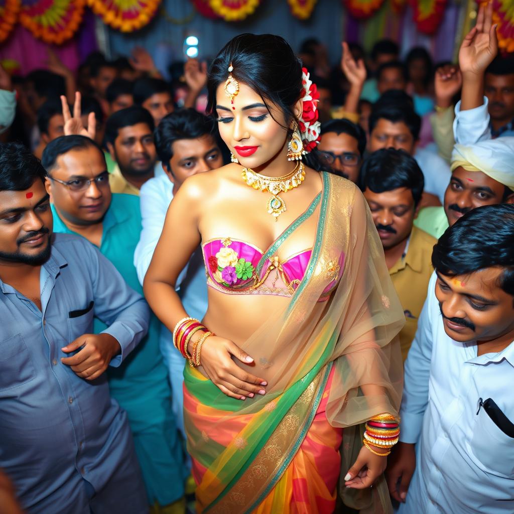 A sensual Indian bride dressed in a transparent saree showcasing a colorful strapless bikini underneath, accentuating her big cleavage and sexy navel