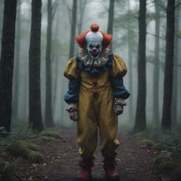 A chilling scene featuring a fearsome clown standing in the middle of an eerily dark and dense forest, creating an atmosphere of suspense and terror.