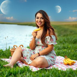 A beautiful 50-year-old woman sitting on a picnic blanket in a lush field, beside a serene lake