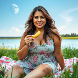 A beautiful 50-year-old woman sitting on a picnic blanket in a lush field, beside a serene lake